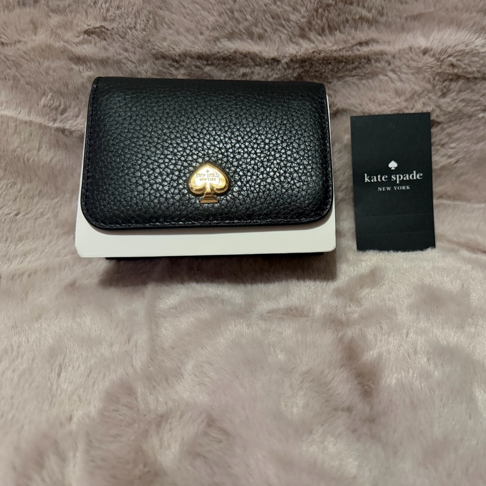 kate spade Kayla  Black Pebbled Leather L Zip Wallet with Gold Spade Logo